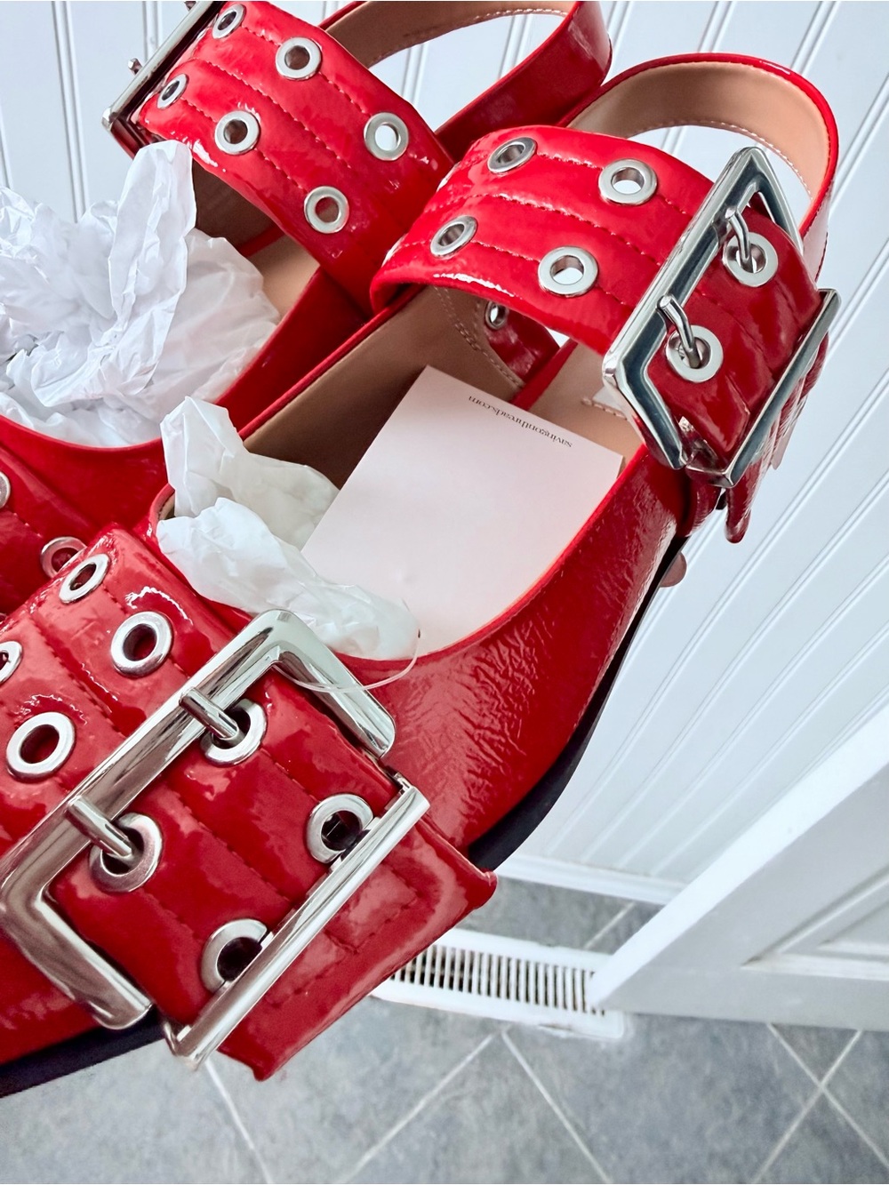 Steve Madden Red Patent Buckle Slingback Flats - Picture 5 of 7